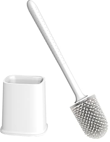 Canvint Silicone Toilet Brush With Holder Set, Dead Corner Deep Cleaning, Quick Drying, Flexible No-Slip Long Plastic Handle for Bathroom (White)