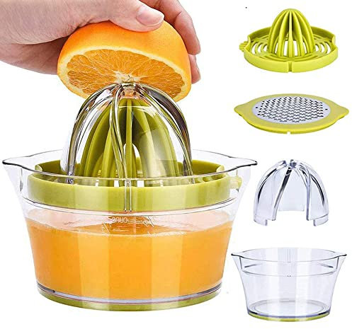 Manual Juicer Lemon Squeezers, Multifunctional Orange Citrus Lime Juicer, Hand Fruit Press with Built-in Measuring Cup and Grater, 12OZ, Green