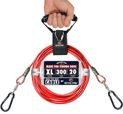 ROYAL PAW Cable de amarre para perros (hasta 300 libras), utiliza amarres y estacas para perros para exteriores, la mejor correa resistente para perros grandes (20 pies, rubí rojo)