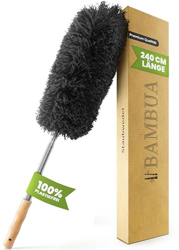 BAMBUA Spolverino per Polvere - [Microfibra Speciale] - Manico Bambù - Togli Ragnatele Allungabile - Spolverino Telescopico Premium per una Pulizia Sostenibile - Piumino per Spolverare (240 cm)
