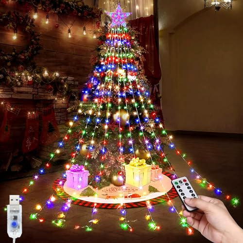 TIANHOO LED Catene Luminose, USB Luci Albero di Natale con Stella 2M×9 Striscia 8 Modalità 198 LEDs Luci Natalizie da Impermeabile con Telecomando per Esterni Interni Natale Giardino