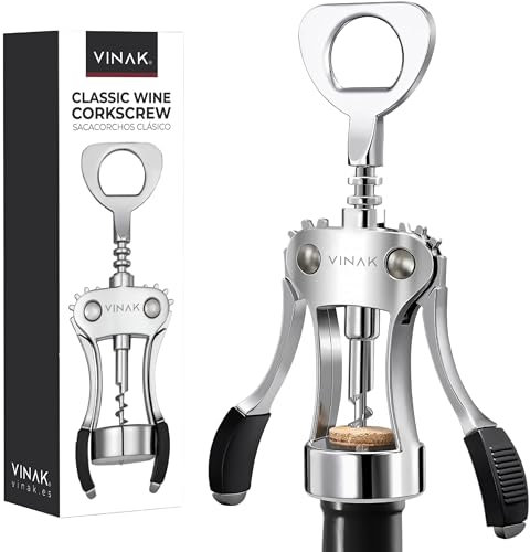 VINAK - Cavatappi classico ad ali | Apribottiglie di birra facile da usare | Design ergonomico e robusto realizzato in acciaio cromato | Manopole in gomma e spirale tornite