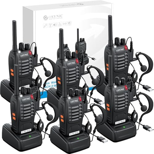 eSynic 6-pack Professionella Walkie-talkies med Lång Räckvidd – 16 Kanaler, 1500mAh USB-laddning, VOX – Perfekt för Utomhusäventyr, Camping och Cykelsport