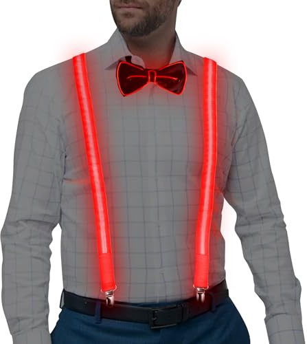 CPROSP 2 Piezas LED Pajarita para Hombre, Ajustables Rojo Tirantes Luminosos, 3 Modos Luminosos, para Festivales de Música, Fiestas de Disfraces de Halloween