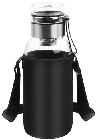 Amexo Glasflasche 1000ML, Trinkflasche mit Edelstahl Filtersieb, Transparent Wasserflasche mit Wasserflaschenhüllen Tragbare Schwarz, Glastrinkflasche für Wasser & Getränken