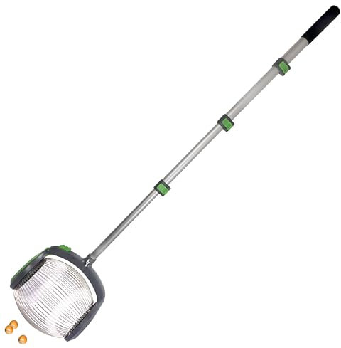 YERD RO4L Rollsammler/Obstsammler/Nuss-Sammler/Eichel Aufsammler für feste Früchte wie Nüsse, Haselnüsse, Walnüsse, Golfbälle, Alu Teleskop-Stiel, Metall-Sammelkorb, Fußbedienung Entleeren