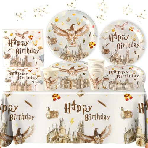 Wizard Geburtstag Deko Harry Partygeschirr Set Kinder-51Pcs Pappteller Tischdecke Kindergeburtstag Mädchen Junge Geburtstagsdeko Geschirr Birthday Party Tableware Supplies Kit Teller Servietten Tassen