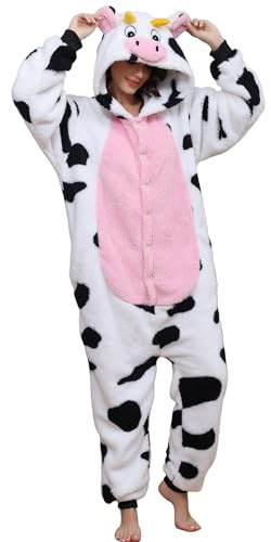 Adulto Kigurumi Pijama Unisex Anime Animal Traje Cosplay Disfraz Traje Mono Onesies Conjuntos de Pijama Panda Ropa de Dormir Sleepwear, vaca, S