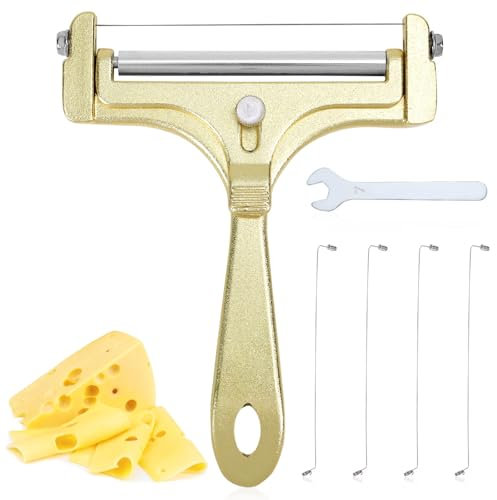 6pcs Cheese Slicer Kit, Stainless Steel Wire Cheese Cutter with 4 Extra Wires & Wrench Cheese Slicer Handheld Adjustable Thickness Butter Cutter Food Slicer for Block Cheese Butter(Frosted Gold)