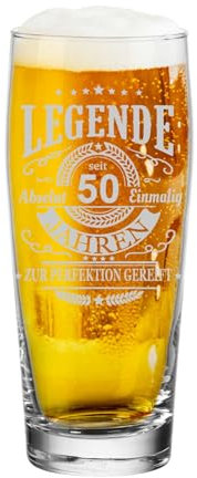 LUXENTU Willi Becher 0,5l mit graviertem Motiv, Bierglas für ein Jubiläum & besondere Anlässe, Helles-Glas mit Lasergravur-Veredelung, Spülmaschinengeeignet, Legende seit 50 Jahren