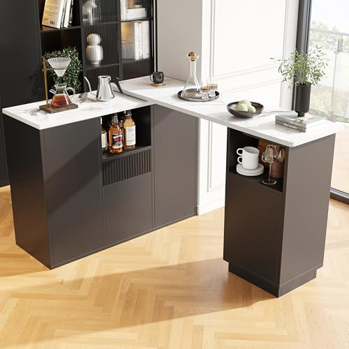 Merax 360° Swivelling Bar Table L-Shaped Table Sideboard with Marble Worktop, Open Storage – Modern Kitchen, Dining Room & Living Room Bar, Black, 198.5 x 30 x 75 cm