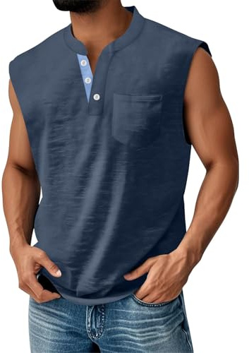 Gilet sans Manche Homme DéContracté Bouton Col en V LéGer Sport Débardeur Henley Homme T-Shirt MuscléS Gym Course à Pied Unie éTé Vacances Tank Top avec des Poches 03-Marine XL