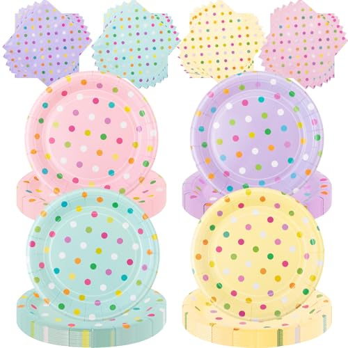 Zhehao 120 Pcs Pastel Dots Disposable Paper Plates and Napkins Bulk Pastel Party Decorations Tableware Spring Summer Party Supplies for Princess Birthday Picnic Wedding Baby Shower