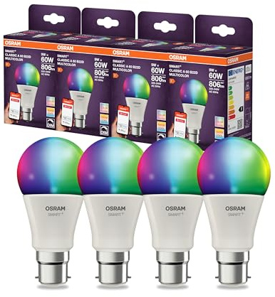 OSRAM SMART LED lamp A60 Bulb Shape B22D, 9W ZigBee 3.0, RGBW 16 Million Colors, dimmable, app Control, Alexa,4-Pack