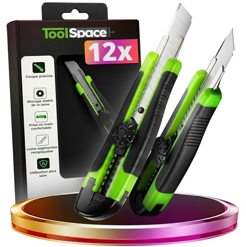 ToolSpace Cúter Profesional 18 mm 12x Cuchilla Segmentada Acero Carbono Bloqueo De Seguridad Guía Metálica Mango Antideslizante Para Cartón Moqueta Plástico Papel Pintado Bricolaje Taller Obra