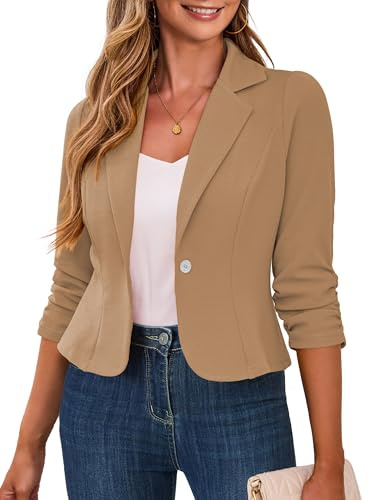 Traleubie Women's Cropped Blazer Lightweight 3/4 Sleeve Business Casual Suit Jackets with Button Drak Khaki L