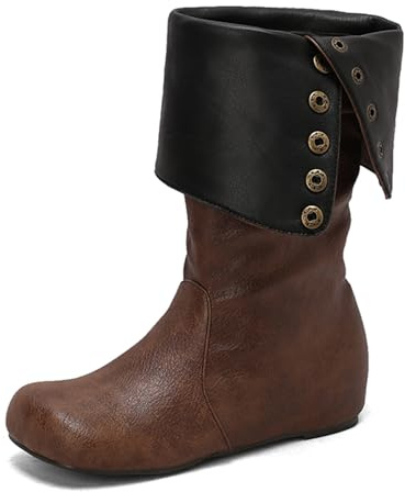 Lizoleor Classico Zeppa Senza Chiusura Punta Rotonda Donna Stivali Alti con Risvolto Bottones Largo Fit Aumento Stivali Morbidi Coffee Numero 40.5 EU/42Cn
