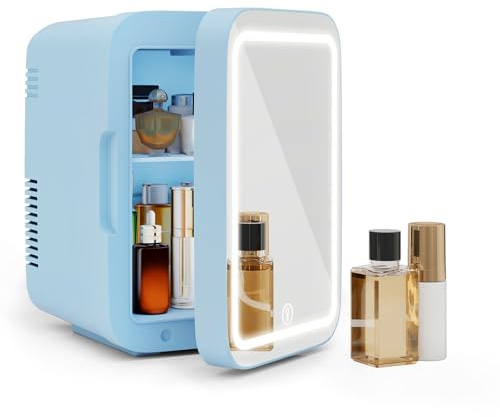 eklipt - Mini Fridge with Dimmable LED Mirror (4 Liter/6 Can), AC/DC Portable Beauty Fridge, for Refrigerating Makeup, Skincare and Food, Bedroom, Office and Car, Blue[Energy Class F]