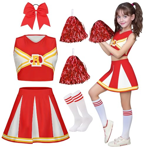 XFOZDM Deguisement Pompom Girl Enfant Deguisement Cheerleader Fille Costume Pom Pom Girl Fille Tenue de Pompom Uniforme avec Bandeau Pompons et Chaussettes pour Carnaval Halloween Fête Rouge 160