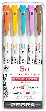 Zebra Pen Mildliner Double Ended Brush and Fine Tip Pen, Assorted Warm Colors, 5-Count