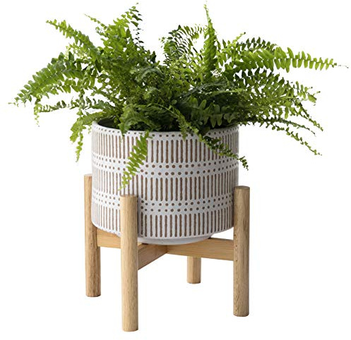 LA JOLIE MUSE Ceramic Plant Pot with Wood Stand - 7.3 Inch Modern Round Decorative Flower Pot Indoor with Wood Planter Holder, Beige and White