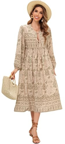 R.Vivimos Elegante Casual Mujer Bohemio Vestido Largo Estampado Corbata Manga Larga Vestido de Midi de Playa Vestido de Vacaciones