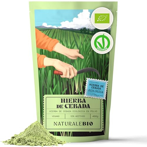 NaturaleBio Hierba de Cebada en Polvo Orgánica Cruda, 400g. Ecológica, natural y pura, cultivada en Europa. Ideal para jugo verde, batidos o recetas. Apta para vegetarianos y veganos.