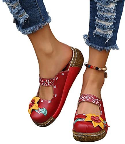Onsoyours Sabots Femme Compensées Clogs Mules Plates Plateforme Sandales en Cuir Eté Pantoufles Chaussures Confort pour Pieds Larges B Rouge 37 EU