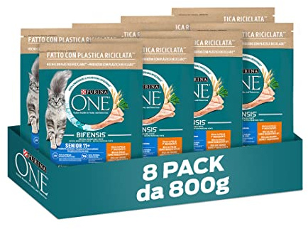 PURINA ONE Bifensis Senior Crocchette per Gatti Adulti Ricco Pollo e Cereali Integrali 8 Sacchi da 800g