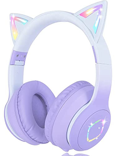 Usoun Cartoon-Bluetooth-Kopfhörer, Katzenohr-Bluetooth-Kopfhörer mit LED-Licht, SD-Kartenschlitz, 3,5-mm-Klinkenstecker, kabellos/verkabelt, faltbar, für Jungen, Mädchen und Erwachsene (Violett Rosa)