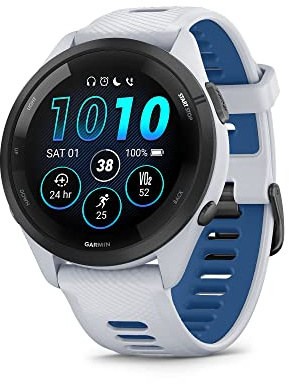 Garmin Forerunner 265 Running Smart Watch, Colorful AMOLED Display, Training Measures and Recovery Information, White Stone and Tide Blue