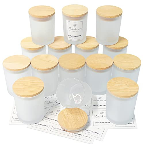 CONNOO 7 OZ Frosted Empty Candle Jars with Bamboo Lids and Sticky Labels for Making Candles - Thick Glass Candle Jars in Bulk with Lids. Dishwasher Safe.