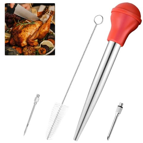 TOTHDATE Set di siringhe per arrosto per tacchino, siringa in acciaio inox, iniettore per marinata, con lampadina in silicone FDA con 2 aghi per iniettori e spazzola, per cucina, barbecue, carne,