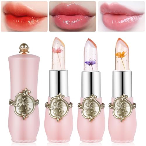 LOPHE Flower Jelly Lippenstift Set, 3 Stück Magic Temperature Farbwechsel Lippenbalsam Lipgloss, Langanhaltende Feuchtigkeitscreme Kristall Blumengelee Lippenstift Makeup Set (3PCS)