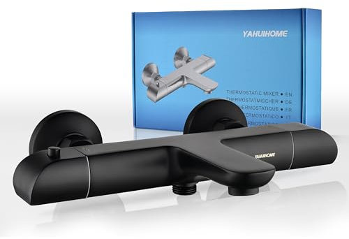 YAHUIHOME Badewannenarmatur Schwarz, Dusche Mischbatterie Badewanne Wasserhahn 2 Funktionen, Messing Wannenarmatur Thermostat mit Verbrühungsschutz 38 °C Sicherheitstaste, Wannenthermostat Armatur