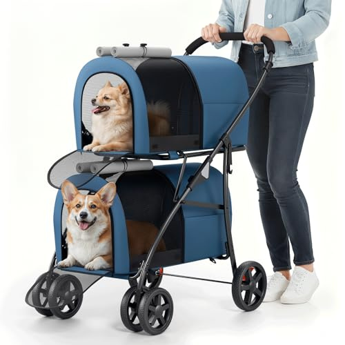 MoNiBloom Double Dog Stroller with Detachable Carrier Bags Large 4 Wheels Foldable Jogger for Small and Medium Dog Cats, Navy Blue/Gray