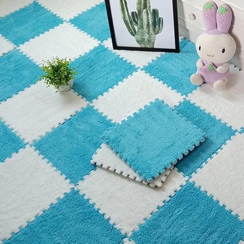 10/20 Stück Ineinandergreifende Schaumstoff-Teppichfliesen, 30 x 30 cm Plüsch-Puzzle-Schaum-Bodenmatte Mit Rand Für Wohnzimmer/Schlafzimmer (10 Stück Blau+10 Stück Weiß)