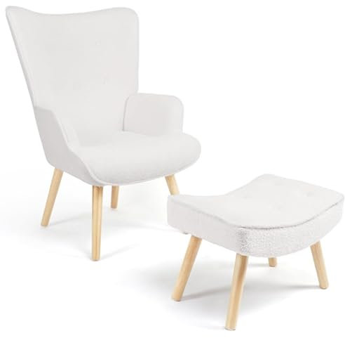 IDMarket - Fauteuil scandinave Ivar avec Repose Pieds en Tissu Bouclette Blanc