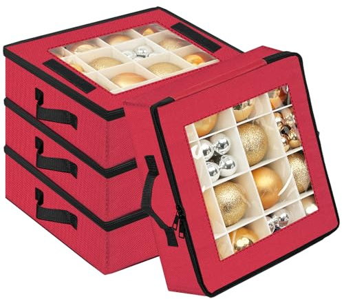 Caja de bolas de Navidad con divisores, 4 unidades, plegable, para árbol de Navidad, con 2 asas, apilable, 12,8 x 12,8 x 14 pulgadas, color rojo