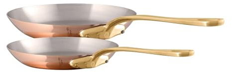 Mauviel M'200 B 2mm Polished Copper & Stainless Steel 2-Piece Frying Pan Set With Brass Handles, Made In France