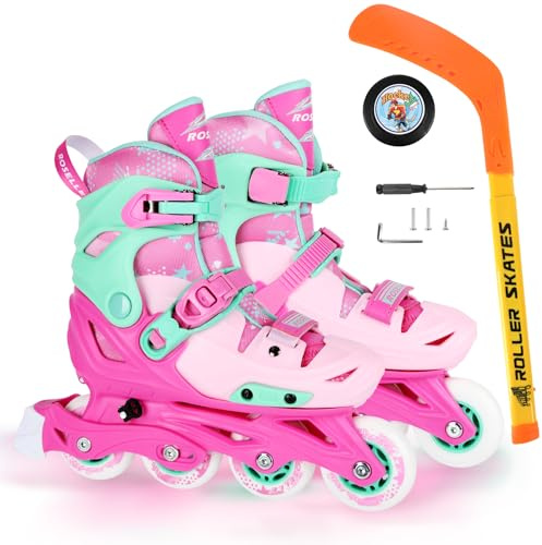 VEZLOPUS Inline Skates with Hockey Sticks and Balls Set, Size Adjustable Pink Inline Skates for Kids, Teens
