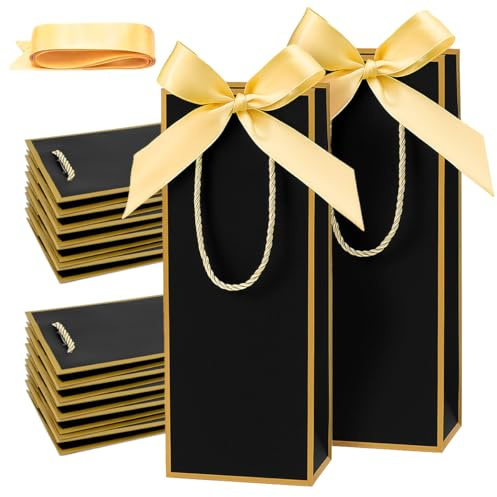 15PCS Wine Gift Bags with Bow Double Handle Kraft Paper Bags for Wine Bottles Elegant for wedding anniversary housewarming birthday thank you christmas party favors and special occasions(Black)