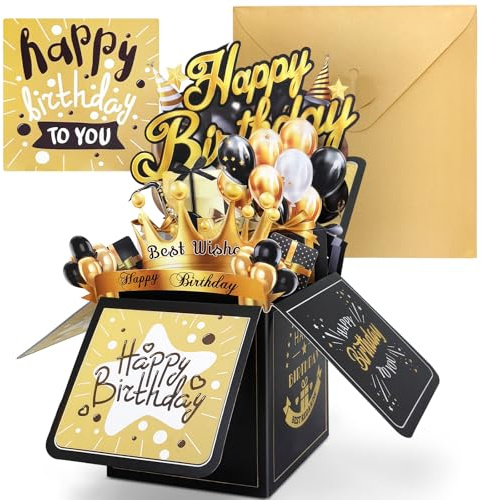Hierein Birthday Cards for Women, 3D Black Gold Pop Up Happy Birthday Cards Box for Men, Pop-up Gift Card Box with Envelope, Personalised Greeting Card for Women Men Mum Dad Grandma Grandpa