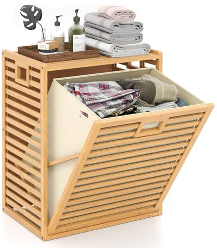 Multigot 68L Bamboo Laundry Basket, Tilt-out Clothes Storage Hamper with Foldable & Removable Liner Bag, Portable Clothes Washing Storage Box for Bathroom Bedroom Living Room