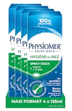 Physiomer Spray Doux - Spray nasal 100% eau de mer - Dispositif médical - Hygiène du nez – Rhume et Rhinite - Utilisation quotidienne – Dégage le nez en douceur - à partir de 2 ans - lot 4 x 135 ml