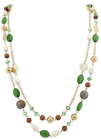 Bocar 14K Gold Plated Link Chain 2 Layer Crystal Wood Acrylic Colorful Women Party Long Necklace Gift (NK-10084-green)