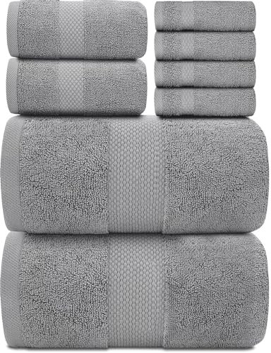 White Classic Luxury Bath Towel Set of 8 Pieces - 100% Turkish Cotton 700 GSM Highly Absorbent Towels for Bathroom, 2 Bath Towels, 2 Hand Towels, 4 Washcloths - Light Grey