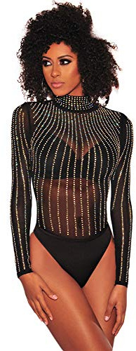 NBBNYJ Body Nero Donna Elegante Vintage Bodysuit Estivi Mesh Daimonds Manica Lunga Blusa Camicie Top Tuta Abbigliamento Nero-1 L