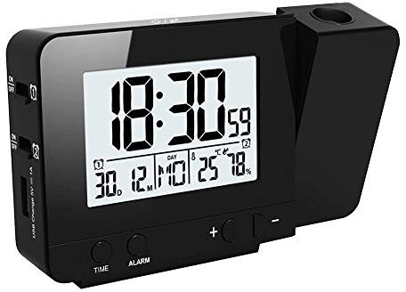 Queta Projektionswecker Digital Uhr mit Zeit Temperatur Projektion, mit Dual-Alarm, Luftfeuchtigkeit, Snooze, Timer, Kalender, USB-Anschluss (Schwarz)