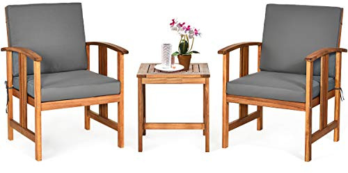 Tangkula 3 Pieces Patio Furniture Set, Includes Set of 2 Outdoor Acacia Wood Cushioned Chairs and Coffee Table, for Garden, Backyard, Poolside, Bistro and Deck, Patio Conversation Chat Set (Gray)
